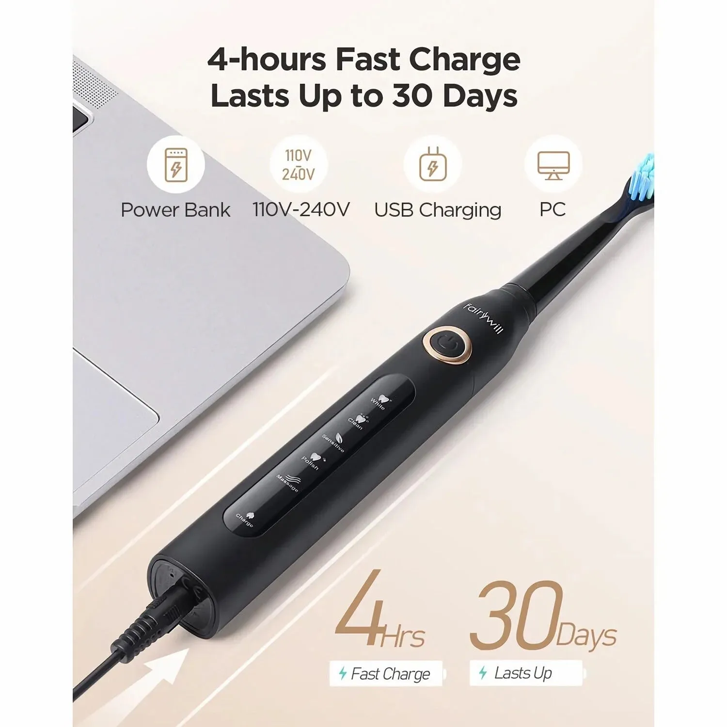 Fairywill Sonic Electric Toothbrush,Power Toothbrushes with 6 Rechargeable Brush Heads,IPX7 Waterproof 5Modes 30Days Battery Life Suitable for Short Business Trips,Black