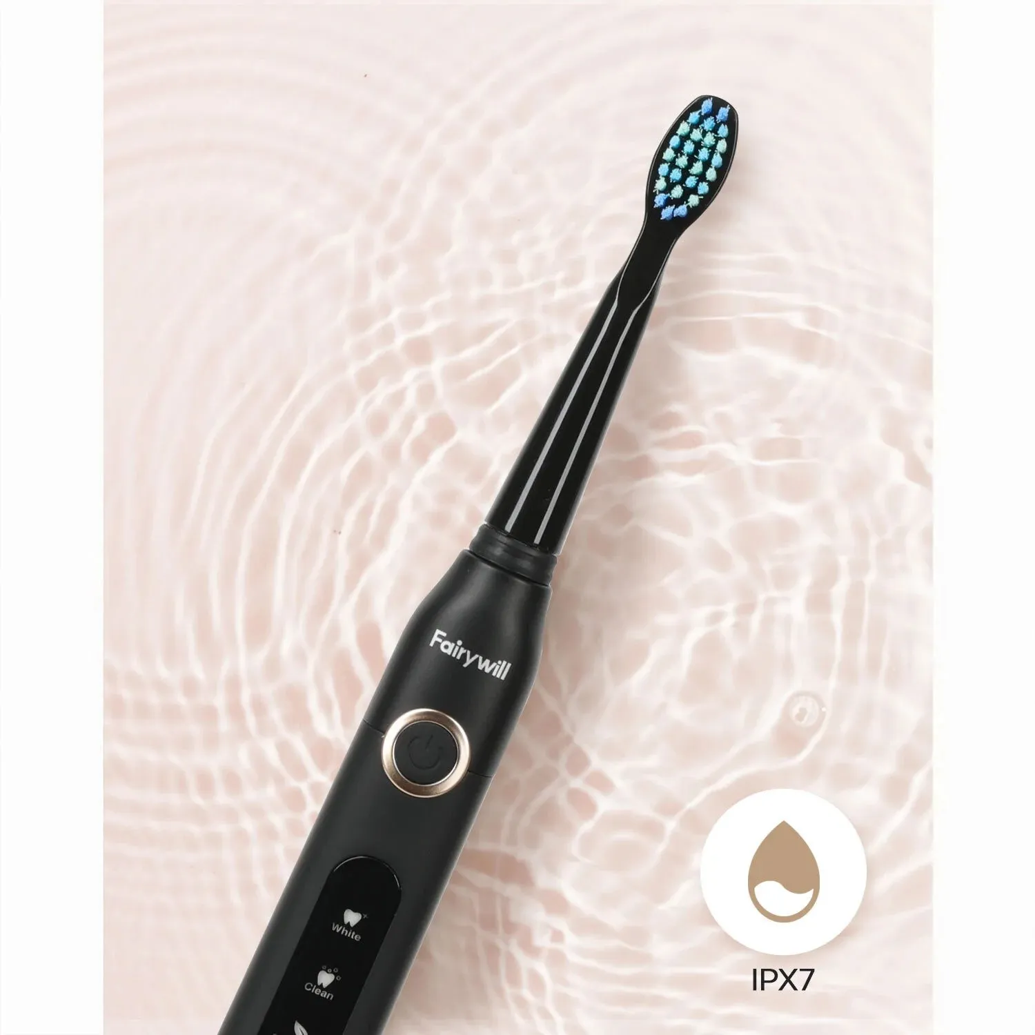 Fairywill Sonic Electric Toothbrush,Power Toothbrushes with 6 Rechargeable Brush Heads,IPX7 Waterproof 5Modes 30Days Battery Life Suitable for Short Business Trips,Black