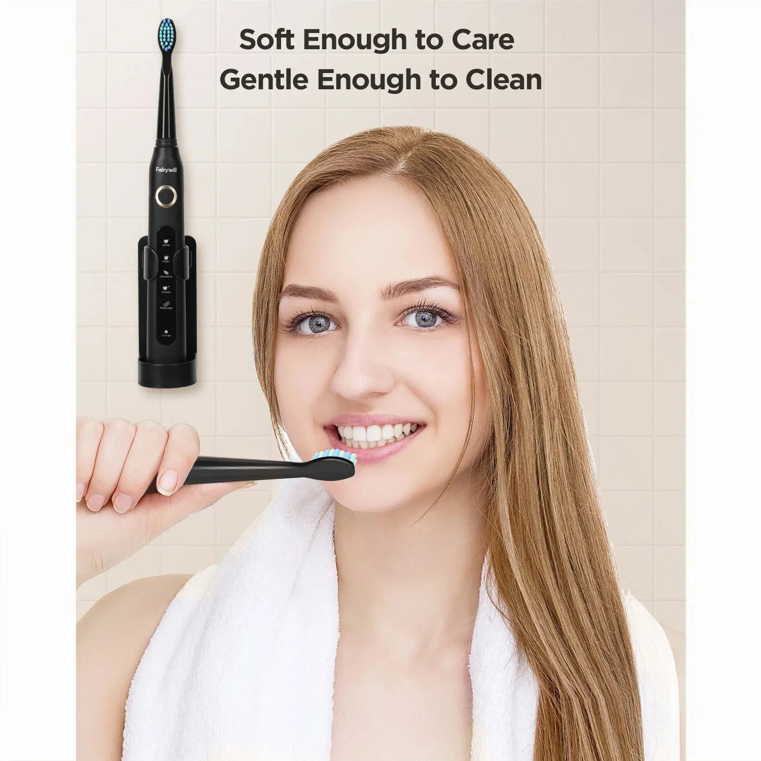 Fairywill Sonic Electric Toothbrush,Power Toothbrushes with 6 Rechargeable Brush Heads,IPX7 Waterproof 5Modes 30Days Battery Life Suitable for Short Business Trips,Black