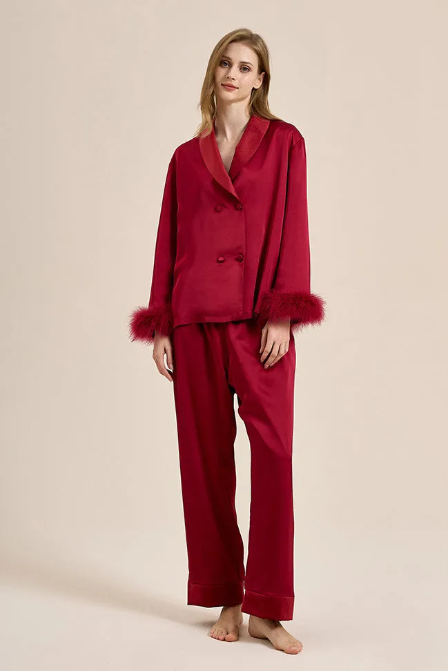 Feather Trim Red Pyjamas Set